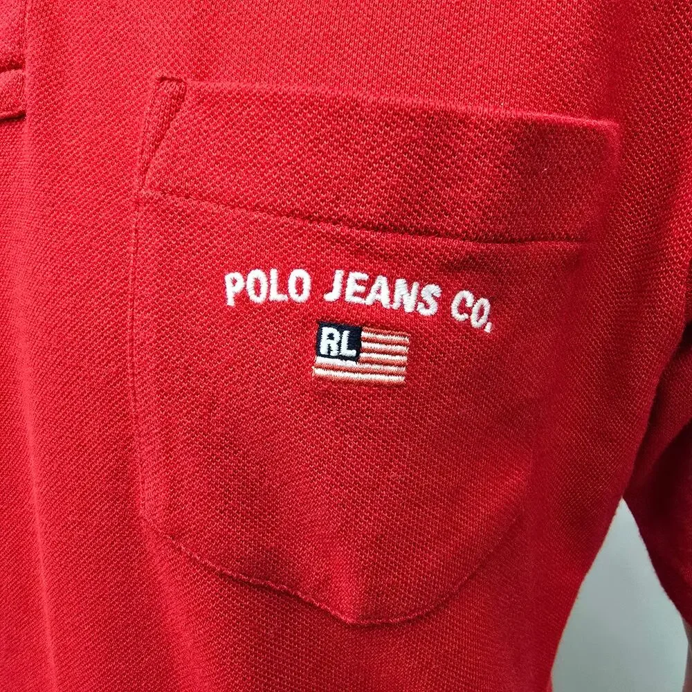 Polo Jeans Co. Ralph Lauren RL Spell Out US Flag Pocket Tipped Polo VTG Sz L Red